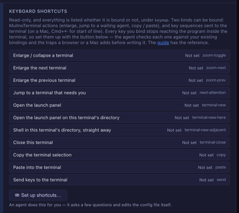 Settings → Keyboard shortcuts with nothing bound: every action marked Not set, and a Send keys to the terminal row carrying the send tag