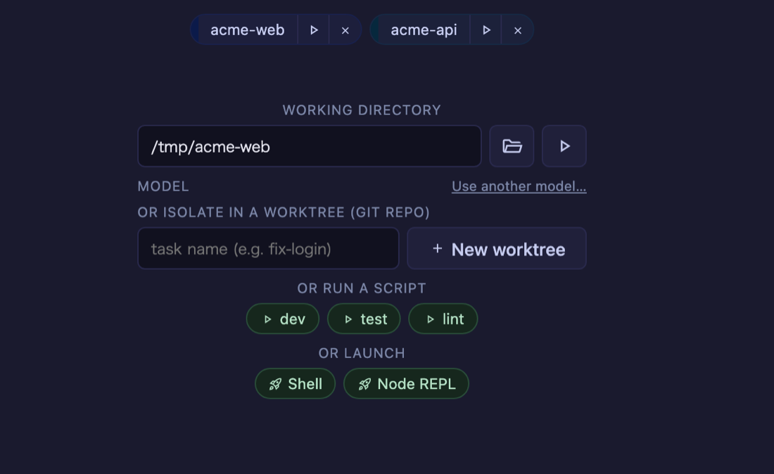 空きセルのランチャ — 上が cwdPresets のチップ(左端の細い線がそのディレクトリの色)、OR RUN A SCRIPT が script.json、OR LAUNCH が launchers