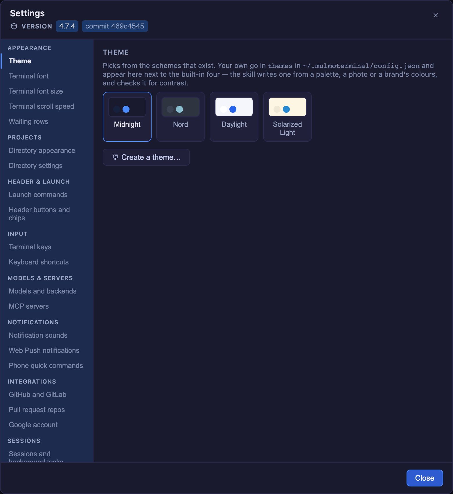 設定モーダル — 左サイドバーの Appearance から Sessions までのグループと、開いている Theme(Create a theme… ボタン付き)