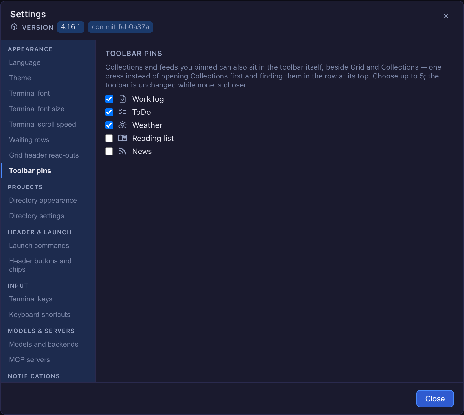Settings → Toolbar pins — the five pinned entries as a checklist, the first three ticked