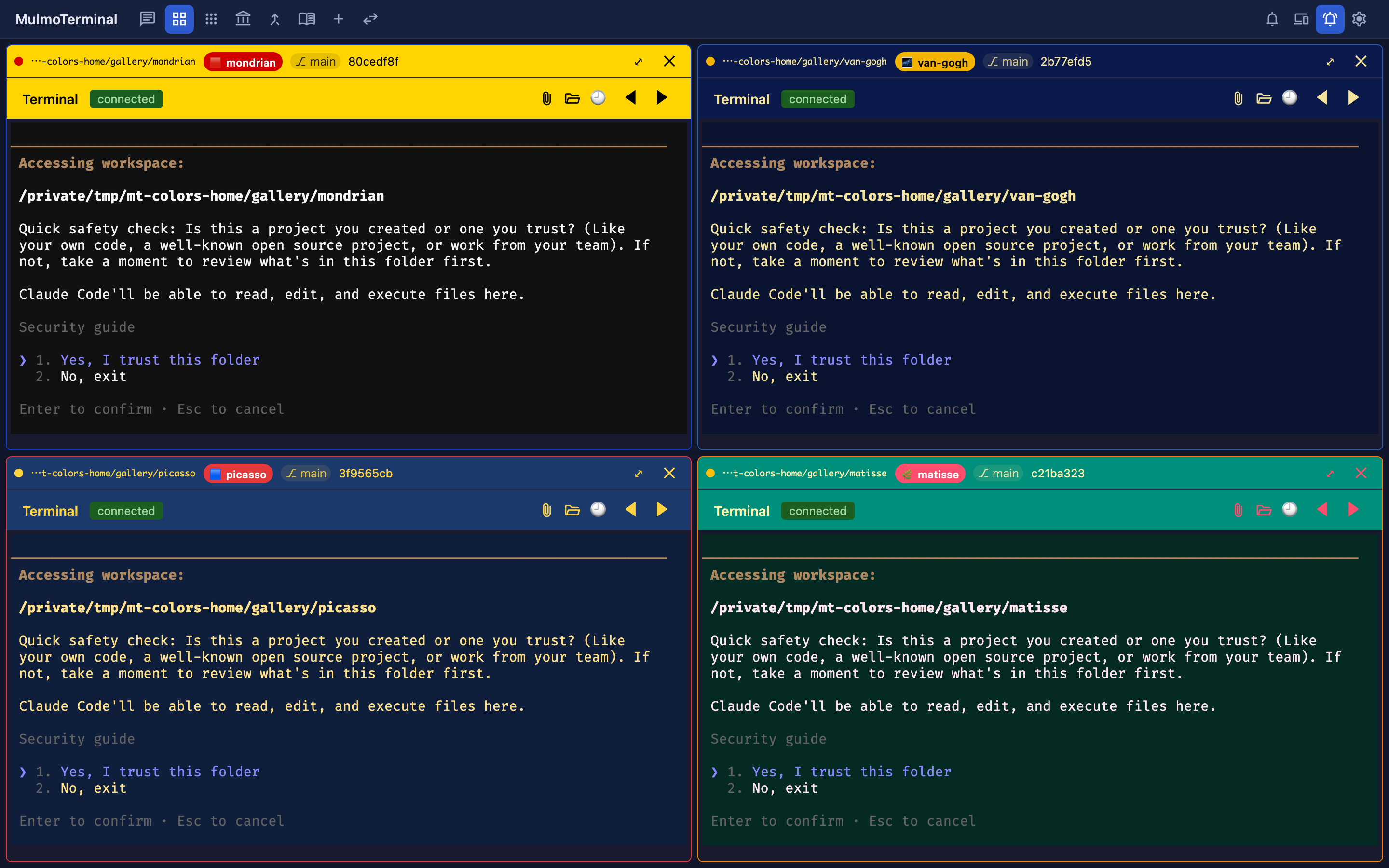 Four projects color-coded boldly (Mondrian / Van Gogh / Picasso / Matisse)