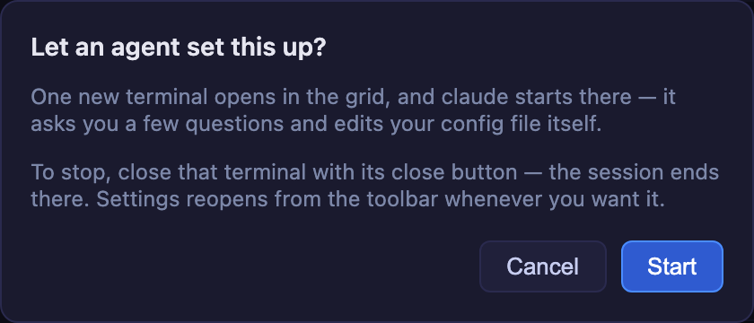 The confirmation a skill button raises — what starts, how to stop it, Cancel / Start
