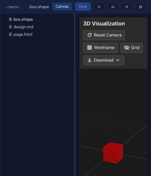 Files ペインで .shape のファイルを Canvas 表示にし、3D モデルが出ている