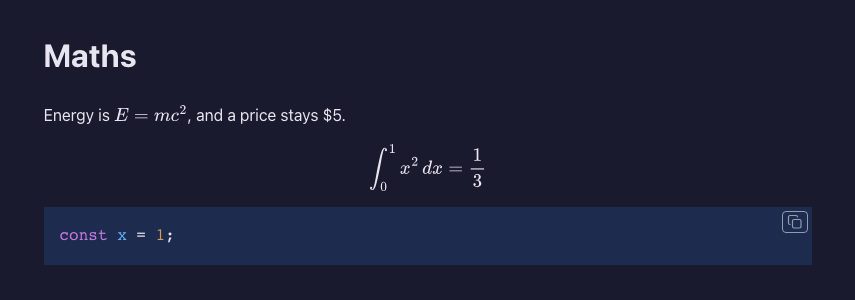 全画面のプレビュー。本文中の数式と独立した行の積分が描かれ、値段の「$5」は文字のまま、下にコードブロックがある