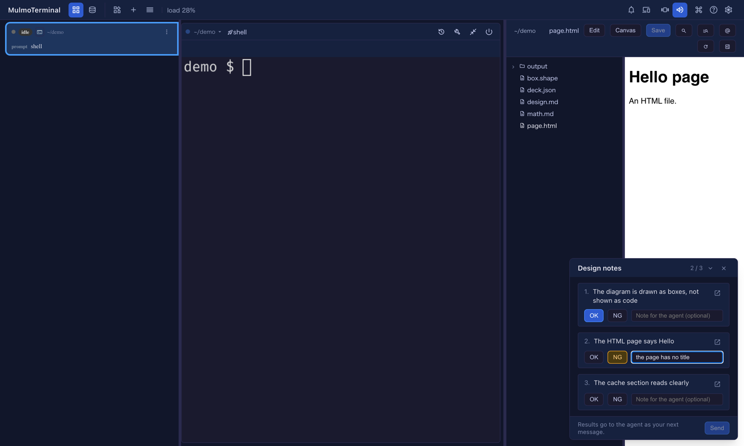 A checklist card over the terminal: three items, one marked OK, one marked NG with a note, and the HTML page from item 2 open in the pane