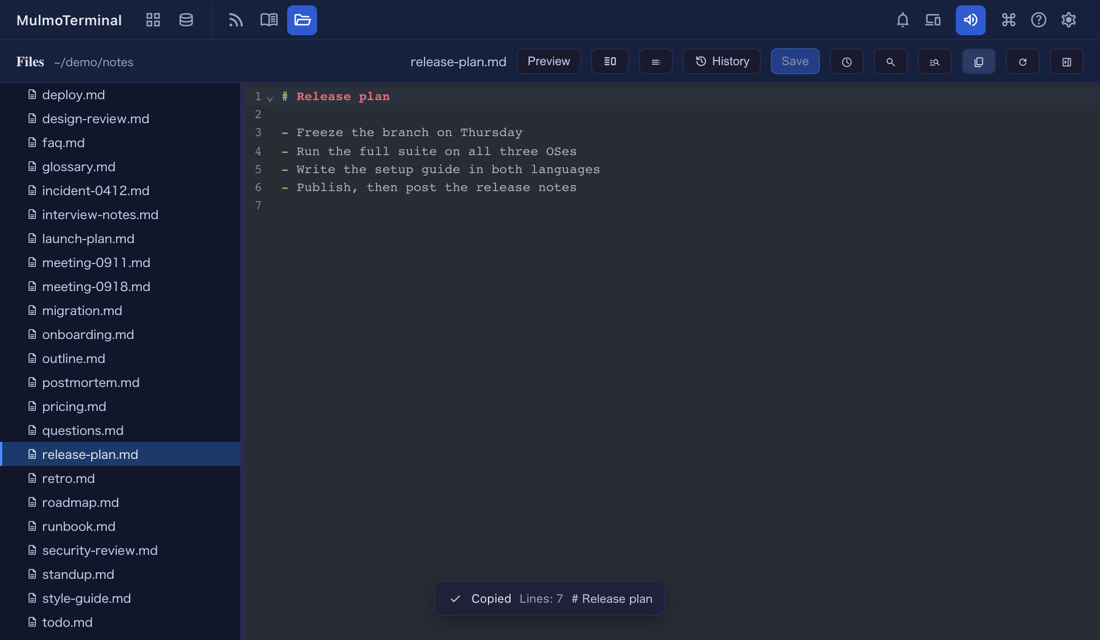 release-plan.md を開いた Files の画面。ヘッダーのコピーのボタンが選ばれ、下に「Copied — Lines: 7 — # Release plan」の知らせが出ている