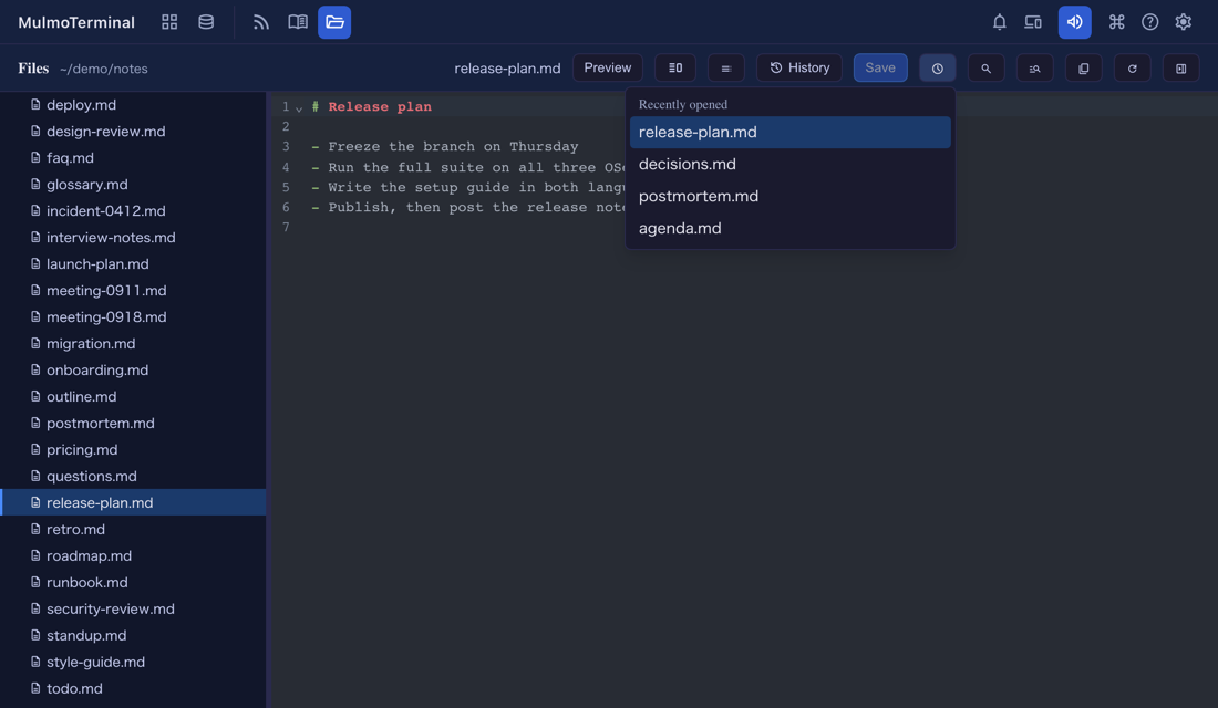 時計のボタンから「Recently opened」の一覧を開いた Files の画面。release-plan.md(開いているものとして印付き)、decisions.md、postmortem.md、agenda.md が並ぶ