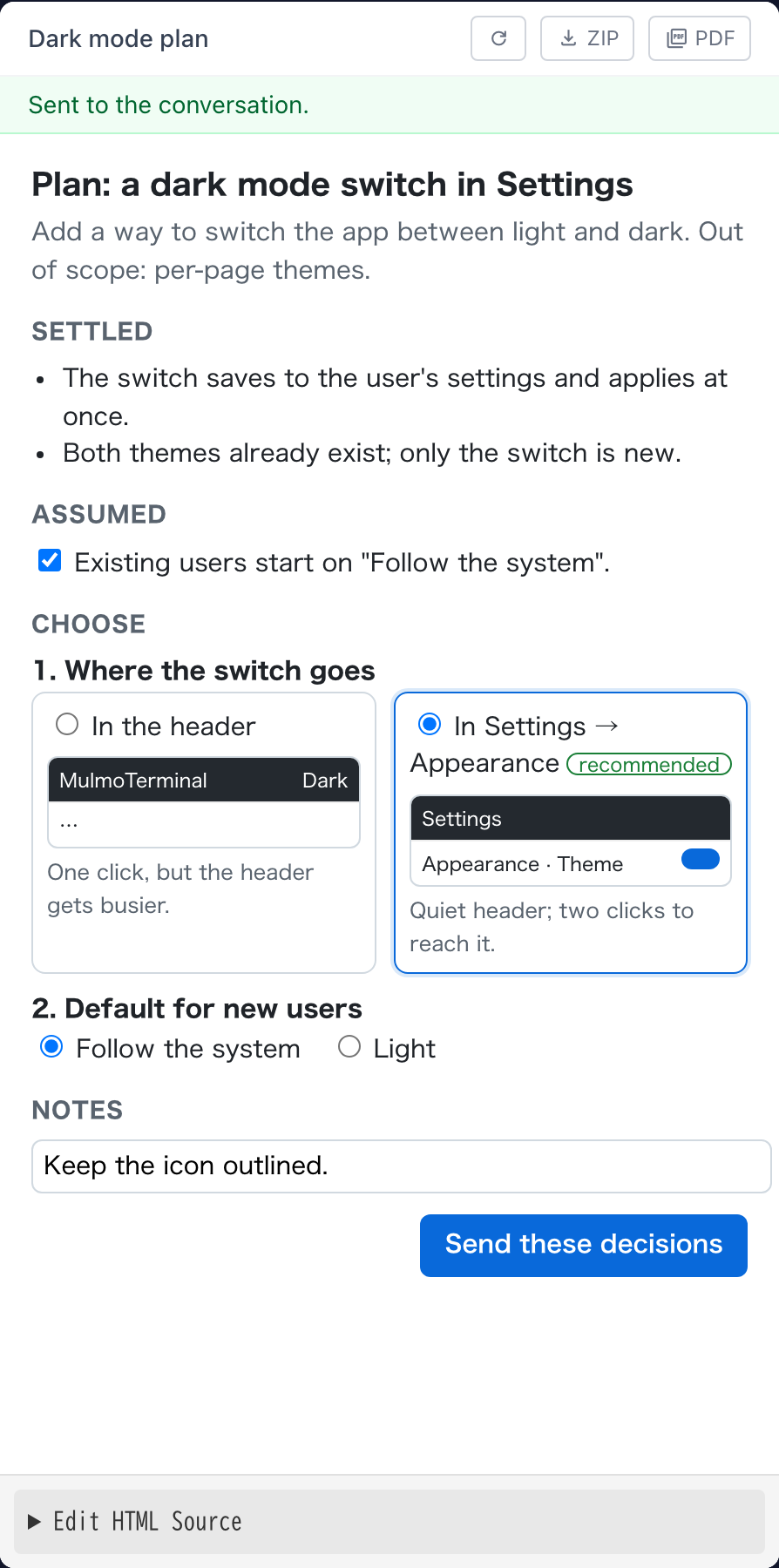 The plan page right after its button was pressed: "Sent to the conversation" at the top
