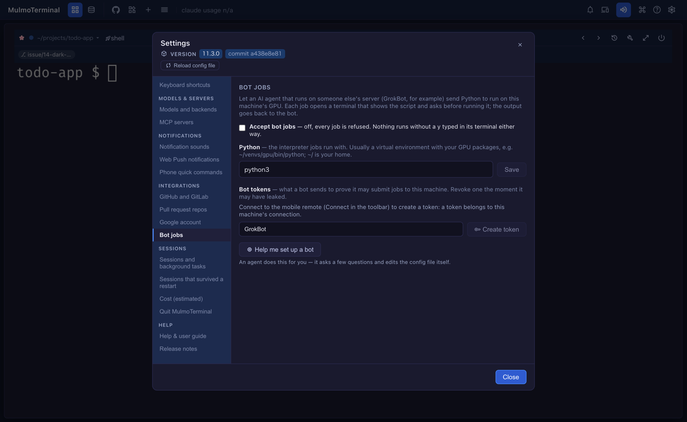 Settings, Integrations, Bot jobs: the switch, the Python box and the bot tokens