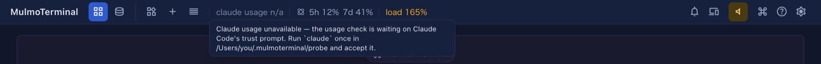 The grid header reading claude usage n/a, with the hover text naming /Users/you/.mulmoterminal/probe