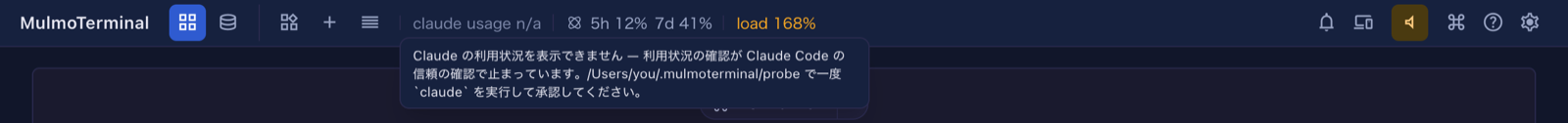 グリッドの上の段に claude usage n/a と出て、カーソルを重ねた文言が /Users/you/.mulmoterminal/probe を名指ししている