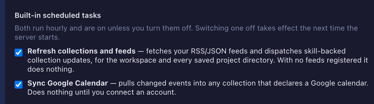 Settings の組み込み定期タスクのチェックボックス