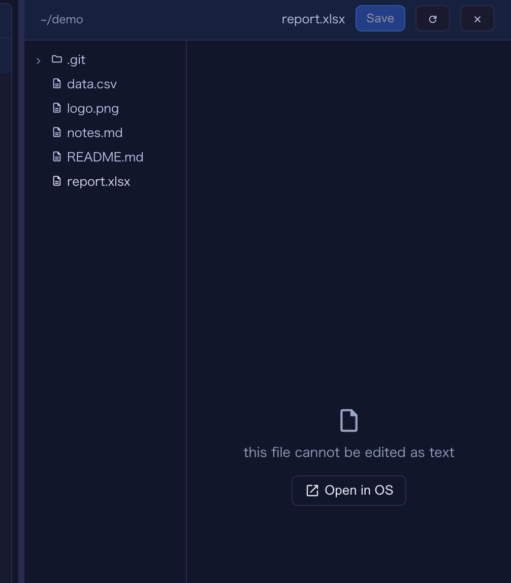 プレビューできないファイルを開いた Files ペイン。Open in OS が出ている