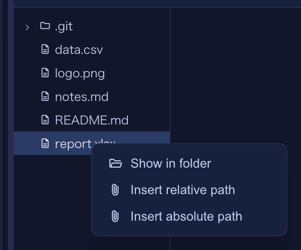Files ペインの行メニュー。Show in folder が出ている