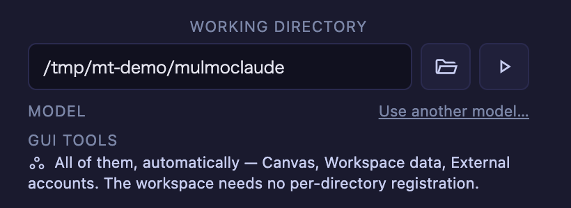 ワークスペースを選んだときのランチャーの GUI TOOLS 欄 — 「All of them, automatically — Canvas, Workspace data, External accounts. The workspace needs no per-directory registration.」