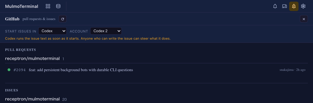 PR / Issue ビューで START ISSUES IN を Codex、ACCOUNT を Codex 2 にし、その下に注意書きが出ている様子