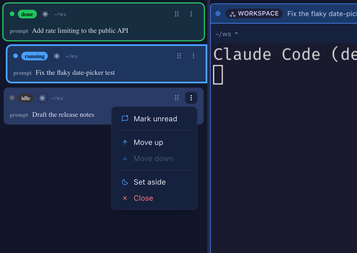The ⋮ menu on an idle roster row: Mark unread at the top, Move up / Move down, then Set aside and Close at the bottom