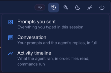 The History menu open on a cell header: Prompts you sent, Conversation, Activity timeline