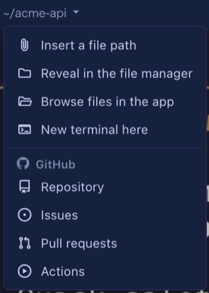 The path menu: Insert a file path, Reveal in the file manager, Browse files in the app, New terminal here, then a GitHub section