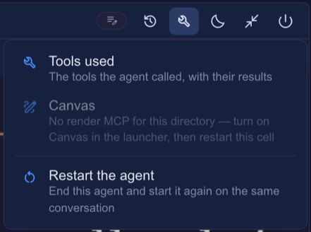 The Tools menu: Tools used, Canvas disabled with how to enable it, and Restart the agent