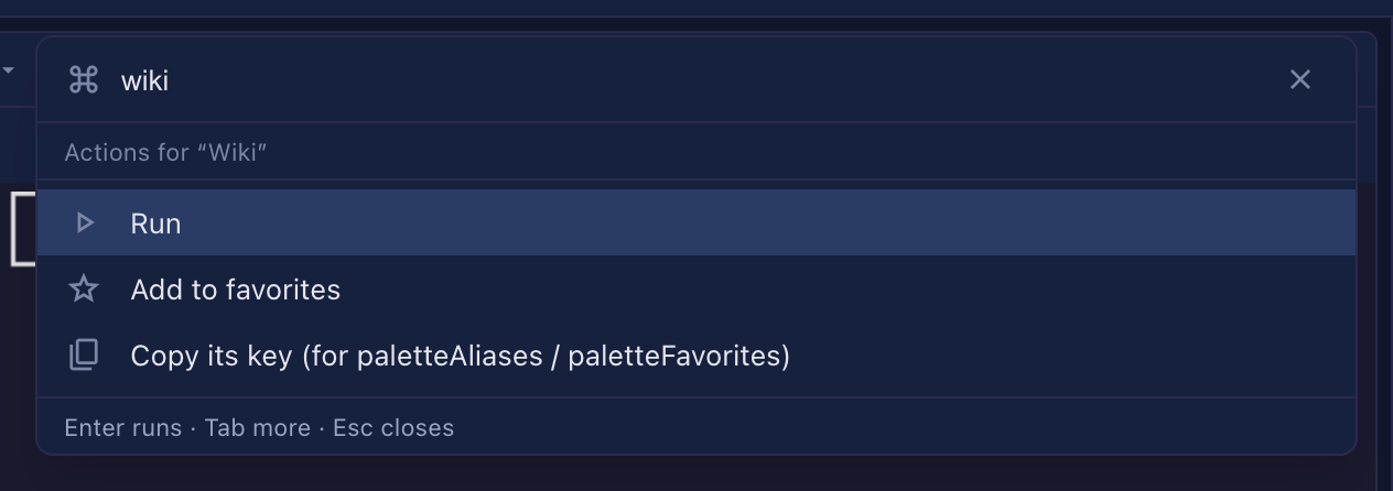 The palette's second panel, opened with Tab on the Wiki row