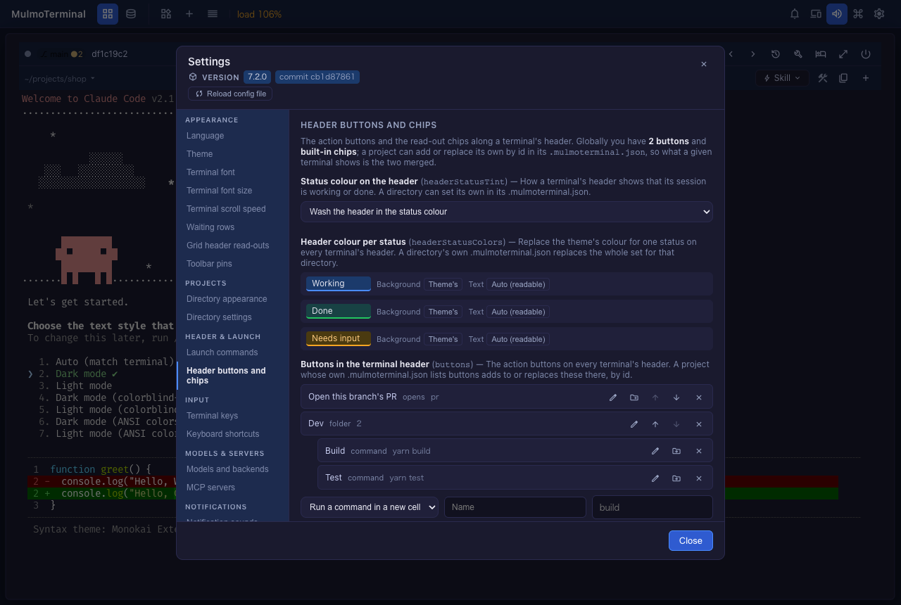 設定 → ヘッダーのボタンとチップ。Dev フォルダの下に Build と Test が並んでいる