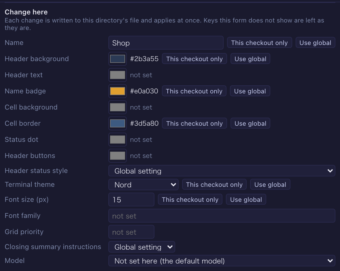 Settings → Directory settings → Change here, with rows for the name, colours, theme and font