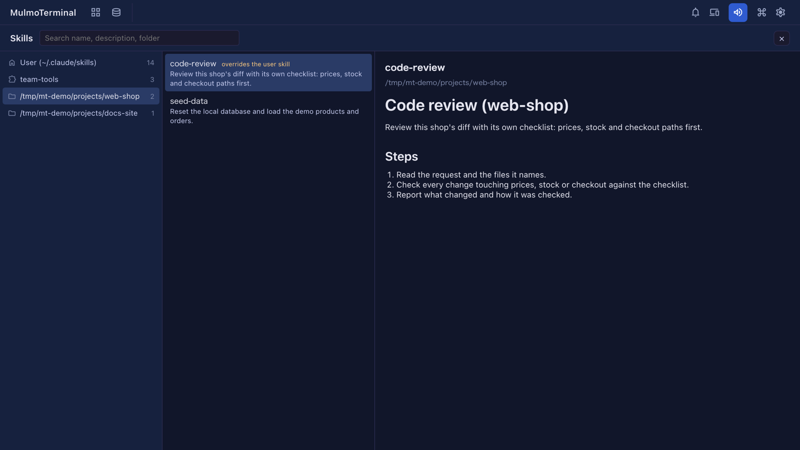 The Skills screen: places on the left, the web-shop folder's skills in the middle, and the chosen SKILL.md on the right