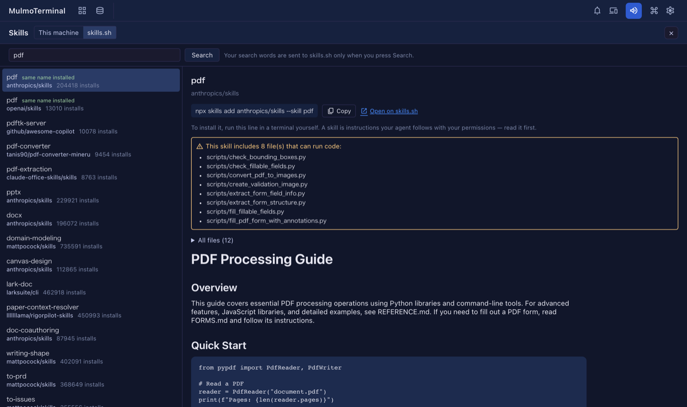 The skills.sh mode: results on the left, the chosen skill's install line, the files that can run code, and its SKILL.md