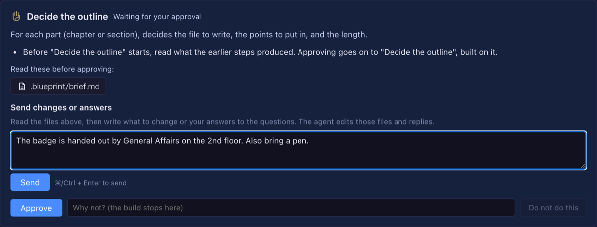 The approval card of a document build: the file to read, the Send changes or answers box, and Approve