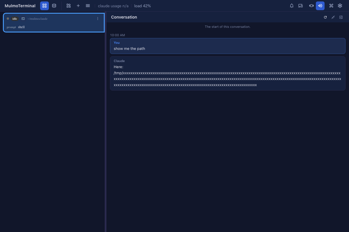 The Conversation pane opened full width beside the enlarged cell, with a very long path wrapped inside it and the reload, expand and close buttons at the top right
