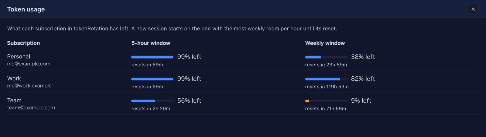 The Token usage screen: each subscription with what is left of its 5-hour and weekly windows