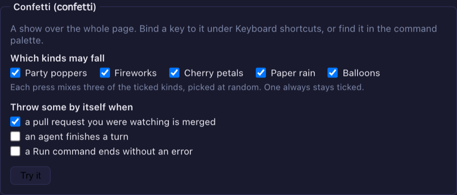The Confetti box in Settings → Theme: a tick for each style and event, and a Try it button
