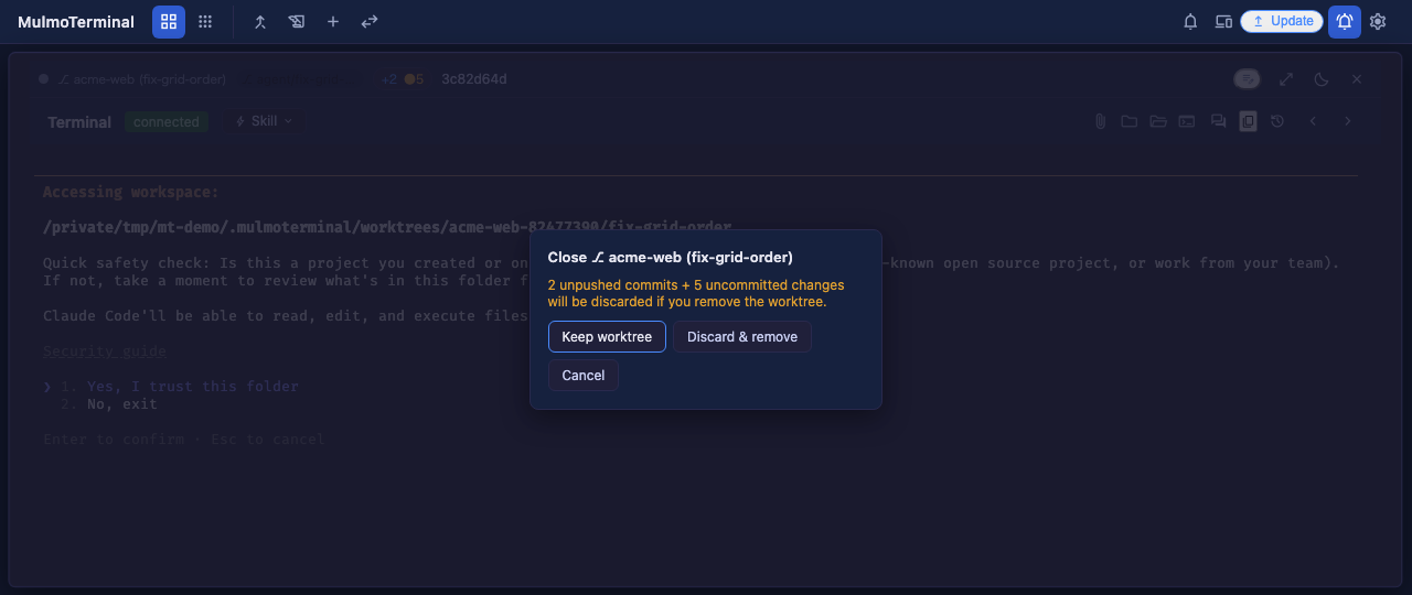 Closing a worktree that has uncommitted work