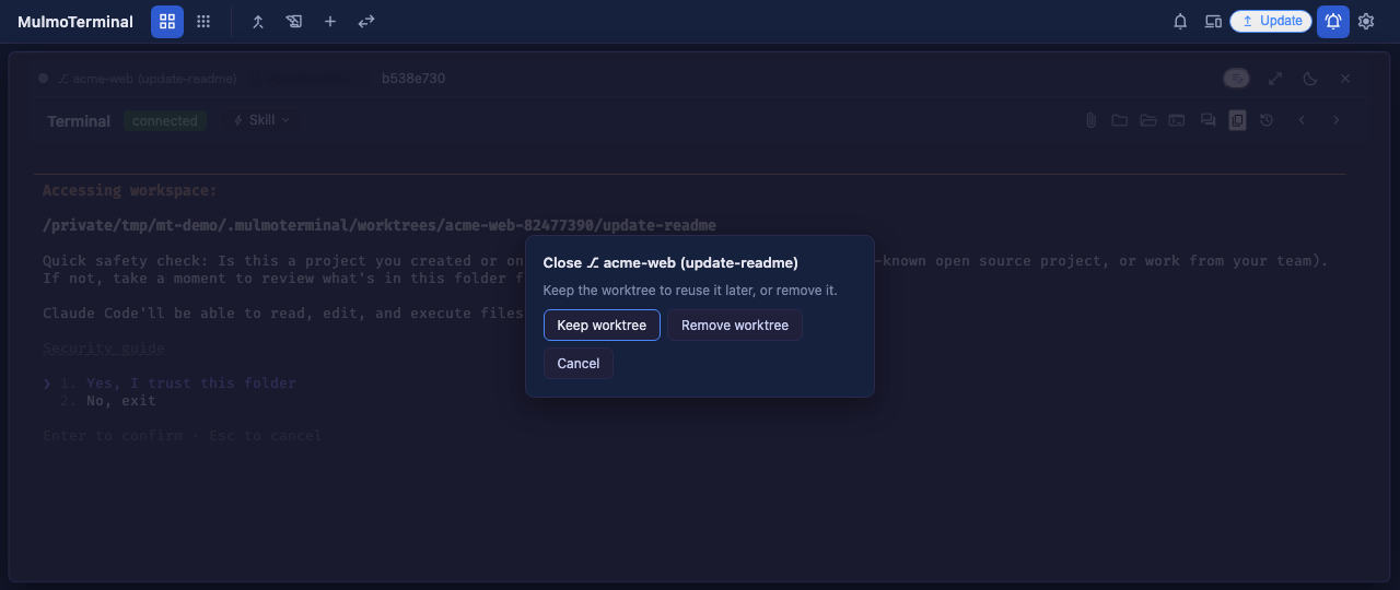 Closing a worktree cell